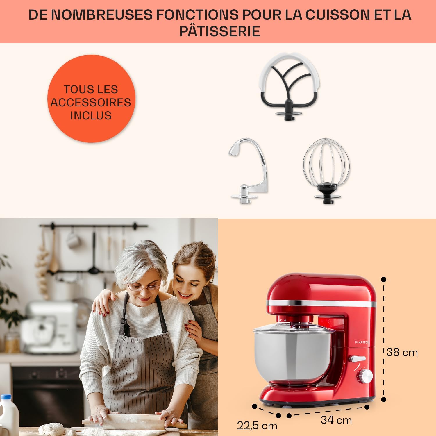 KLARSTEIN Bella Elegance Electric Stand Mixer, Grinder, Meat Mixer, Food Mixer, Dough blender, Beater, 1.3-gallon Stainless Steel Bowl, Easy Cleaning, 650W, 6 Speed Levels