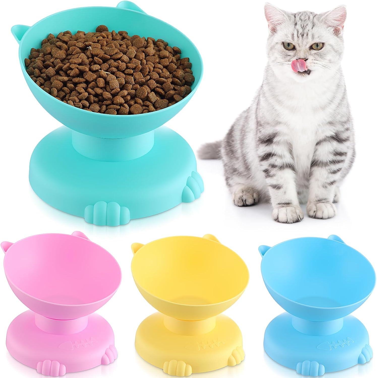 4 Pcs Raised Elevated Cat Bowls for Indoor Cats Removable 15° Tilted Raised Kitty Food Bowls Plastic Extra Wide Feeding Dish for Food Water Anti Vomiting