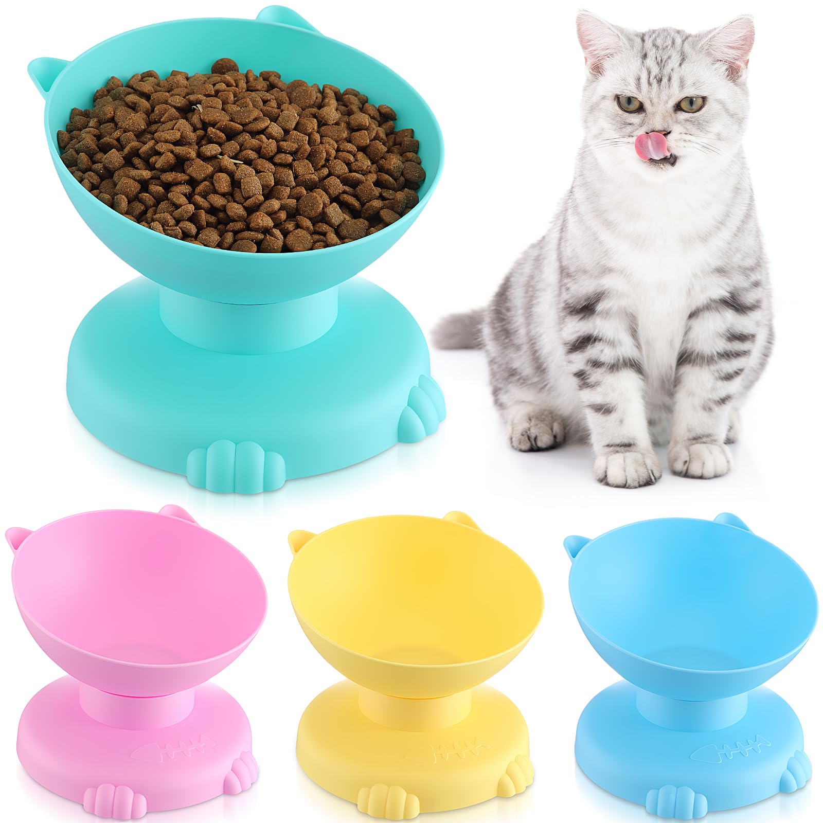 SilTriangle 4 Pcs Raised Elevated Cat Bowls for Indoor Cats Removable 15° Tilted Raised Kitty Food Bowls Plastic Extra Wide Feeding Dish for Food