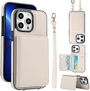 Funda tipo cartera para iPhone 13 Pro Max, suave al tacto con tarjetero, funda de teléfono con bloqueo RFID, cartera con cremallera, correa para el hombro, funda con tapa, color blanco