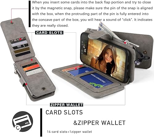 Miniatura 10 de MODOS LOGICOS Funda para iPhone 11 Pro Max, Cartera Desmontable 2 en 1 Almacenamiento de efectivo con cremallera Hasta 14 ranuras para tarjetas, 1