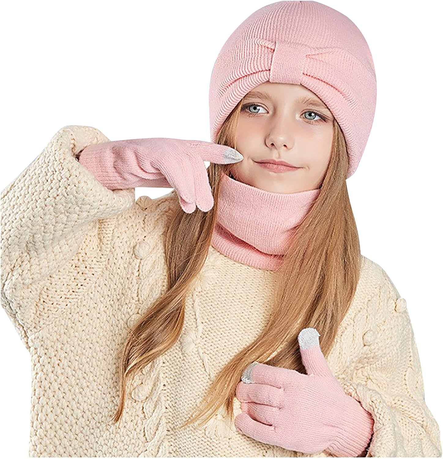Girls Winter Knit Hat Neck Warmer Hand Warmers 3 Piece Set