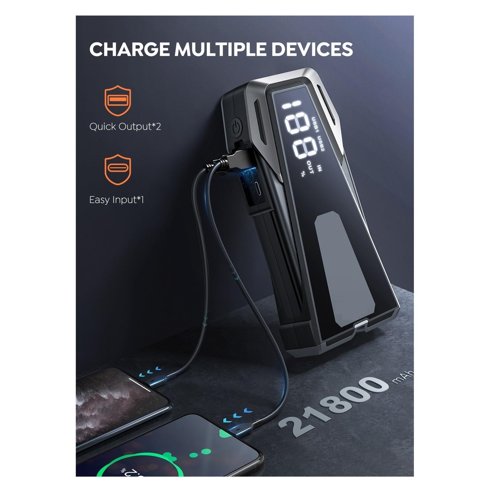 Urządzenie Do Uruchamiania Awaryjnego Samochodu 2500A Ładowarka Samochodowa Rozrusznik Samochodowy Przenośny Powerbank Duży Wyświetlacz Potężny Wzmacniacz Samochodowy