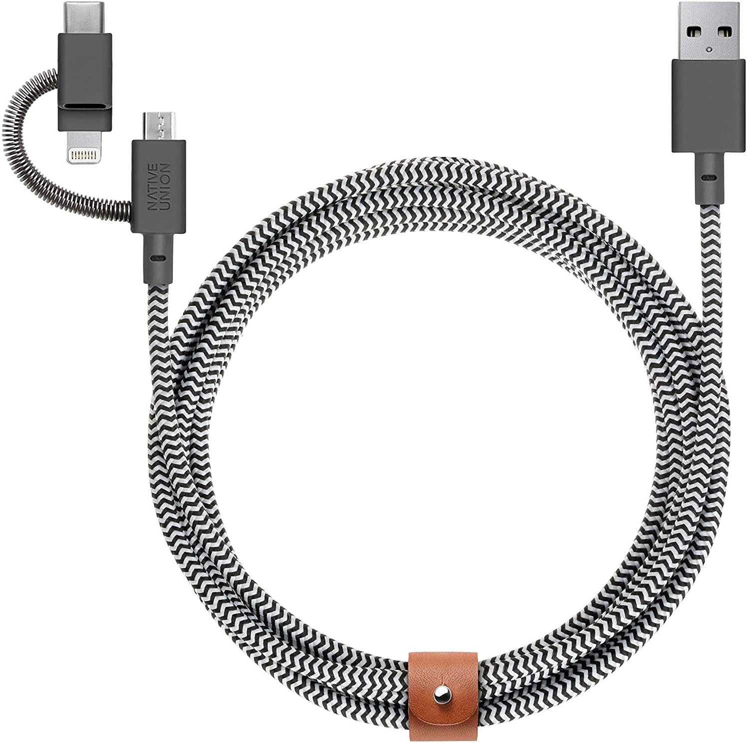 One-Day Sale: Up to 40% Off Native Union Belt Cable Universal - 6.5ft Ultra-Strong Reinforced [MFi Certified] Durable Charging Cable with 3-in-1 Adaptor for Lightning, USB-C and Micro-USB Devices (Zebra)