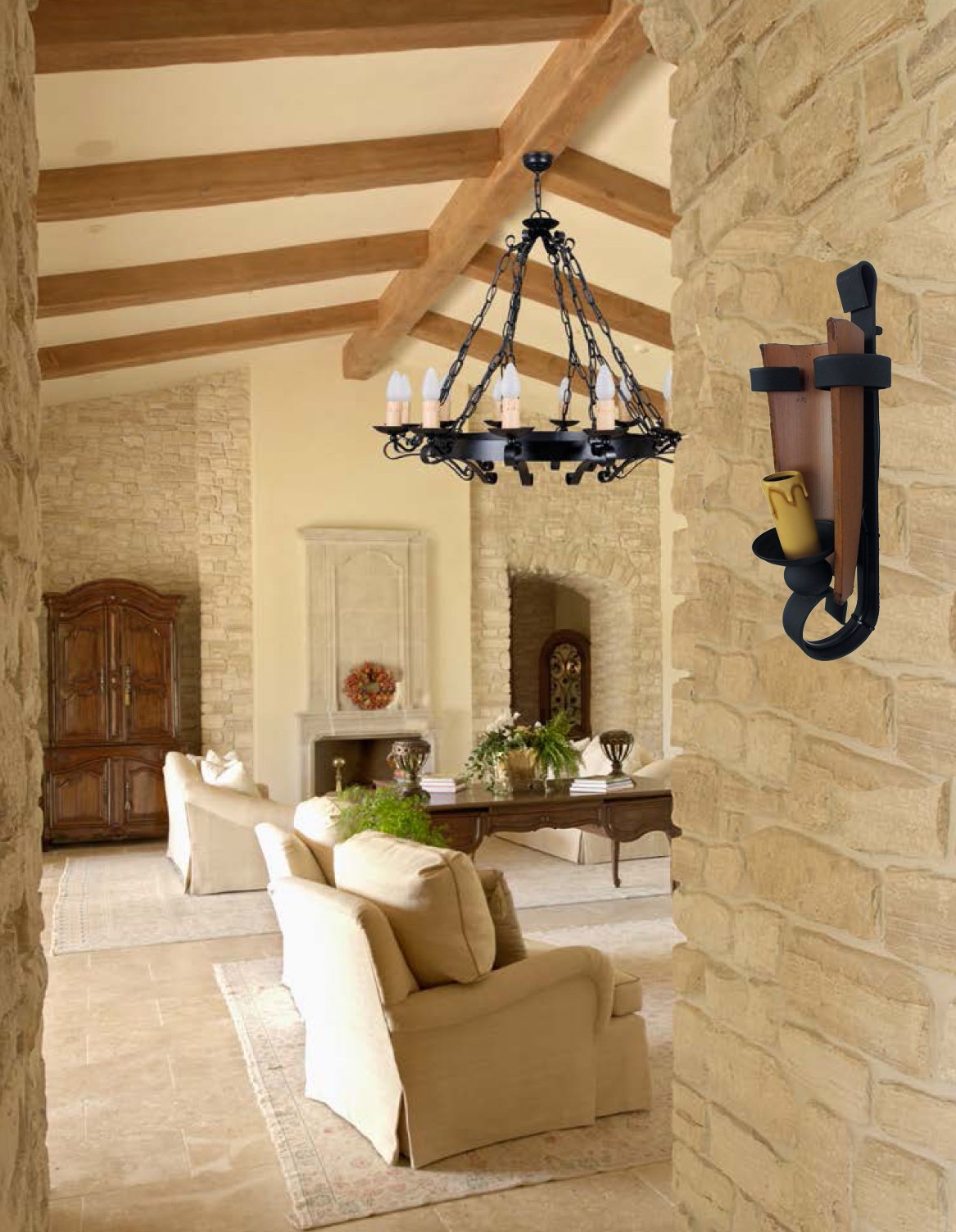 Rustiluz 49362 - Applique da parete in ferro battuto con tegola, stile rustico