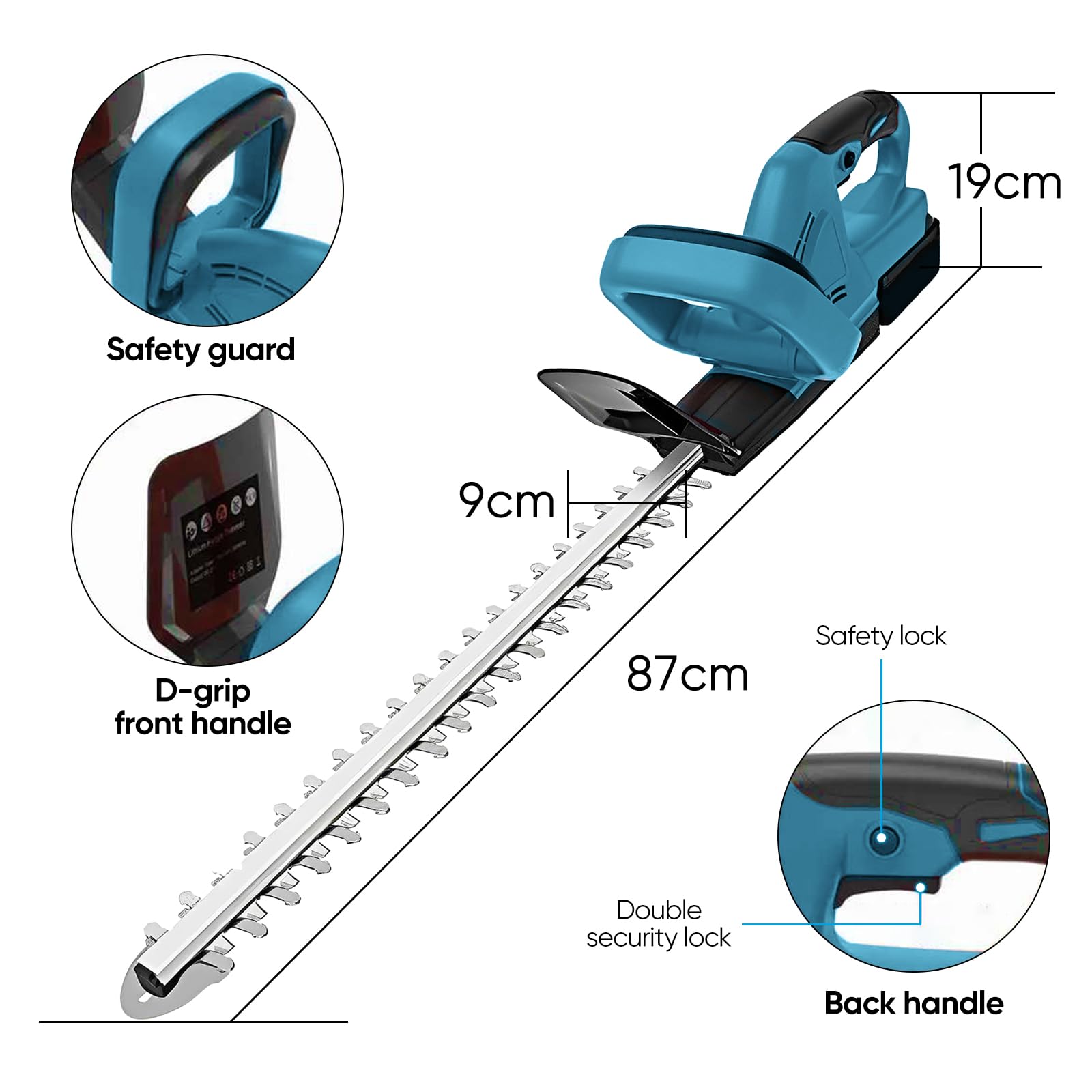 Cortasetos profesional inalámbrico de 21 V, con 15000 mAh, batería y cargador rápido, longitud de corte de 22 pulgadas, espaciado dental de 15 mm para arbustos, jardín, céspedes (1 batería)