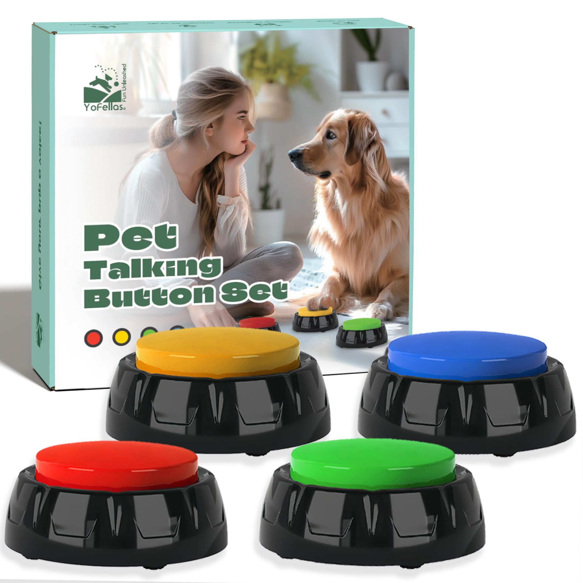 YoFellas Pet Communicator Button - 4 Pack | Interactive Voice Buttons for Dogs | Training & Communication Device with Customizable Recordings | Durable, Non-Slip Base | Multiple Colors