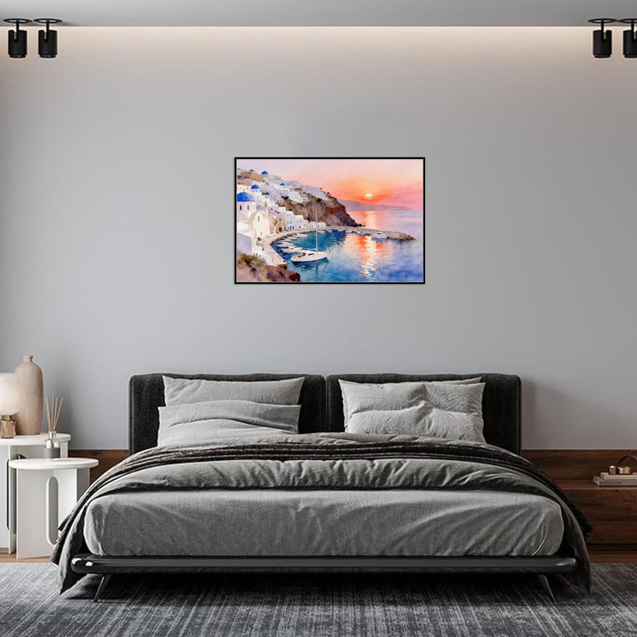 OZPWBVY Meer Leinwandbild-Town Haus Sonnenuntergang-Küsten Landschaftsbilder für Wohnzimmer Schlafzimmer Fertig zum Aufhängen 80x120cm Goldener Rahmen