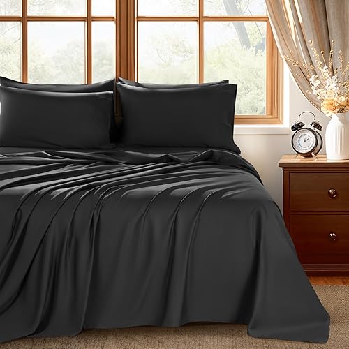 Shilucheng 100% Egyptian Cotton King Size Sheets Set - 1000 Thread Count，Luxury Cotton Bed Sheets，Breathable & Cooling Bedding and Pillow Cases, 16 Inch Deep Pocket - 6 Piece (Black, King)