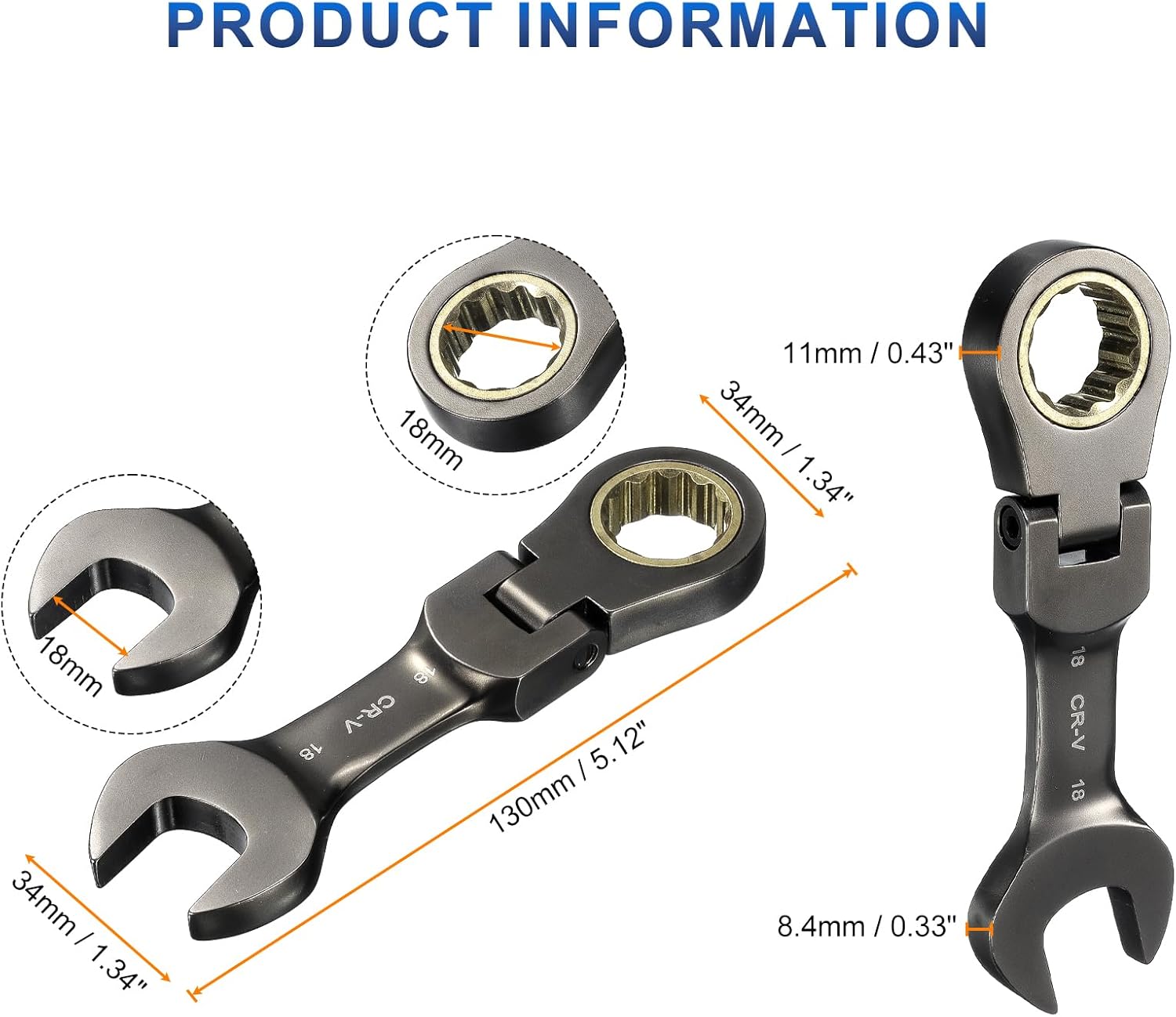 HARFINGTON 2Pcs Flex Head Stubby Ratcheting Combination Wrench 18mm Metric 72-Teeth CR-V Steel Nickel Plated Flex-Head Ratchet Wrench for Fasteners Nut Bolt
