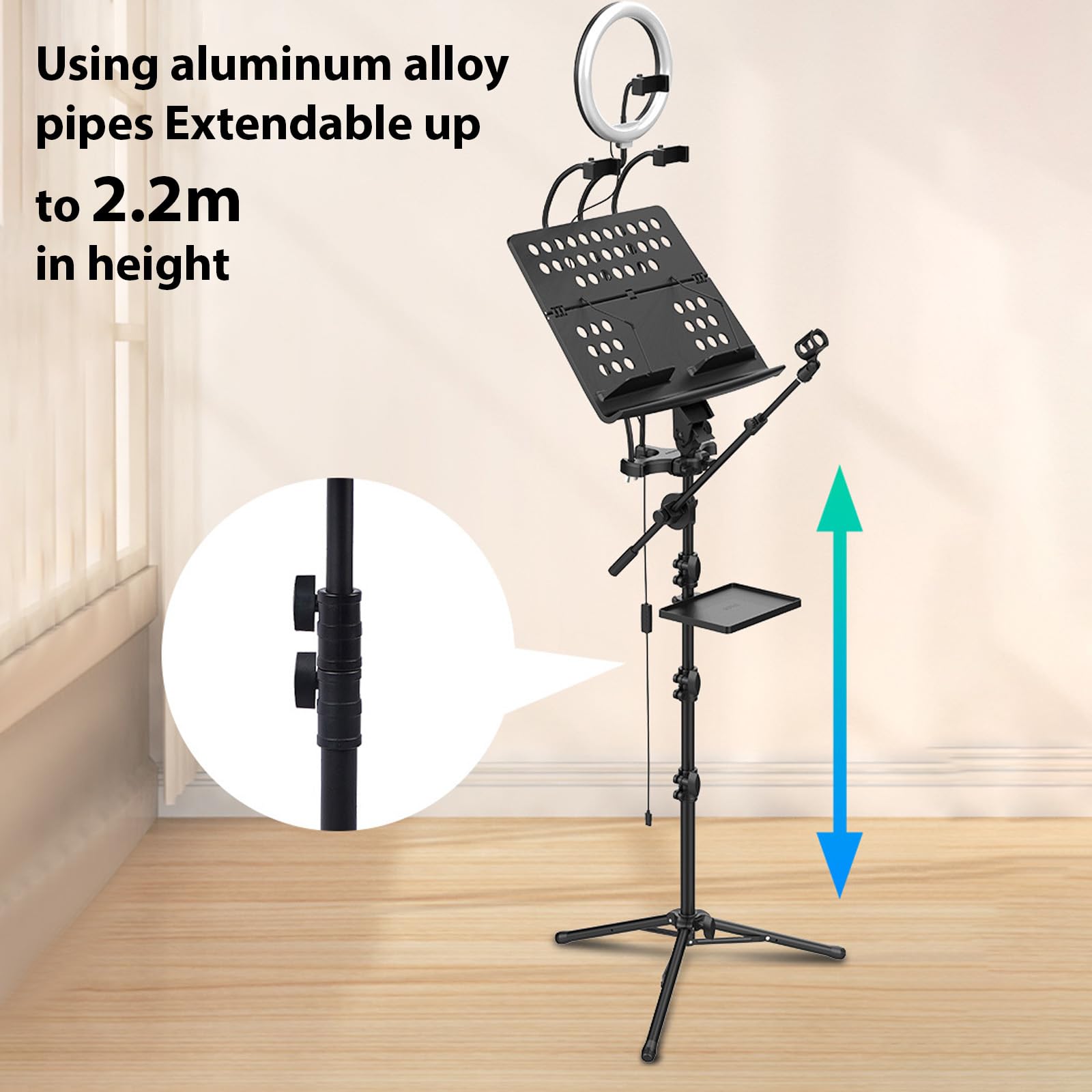 pied de micro,HUIOP GMS-01 Pupitre de Musique Portable Support de Microphone de Streaming en Direct Multifonctionnel Détachable pour la Diffusion Directe Support de Microphone de Streaming en D