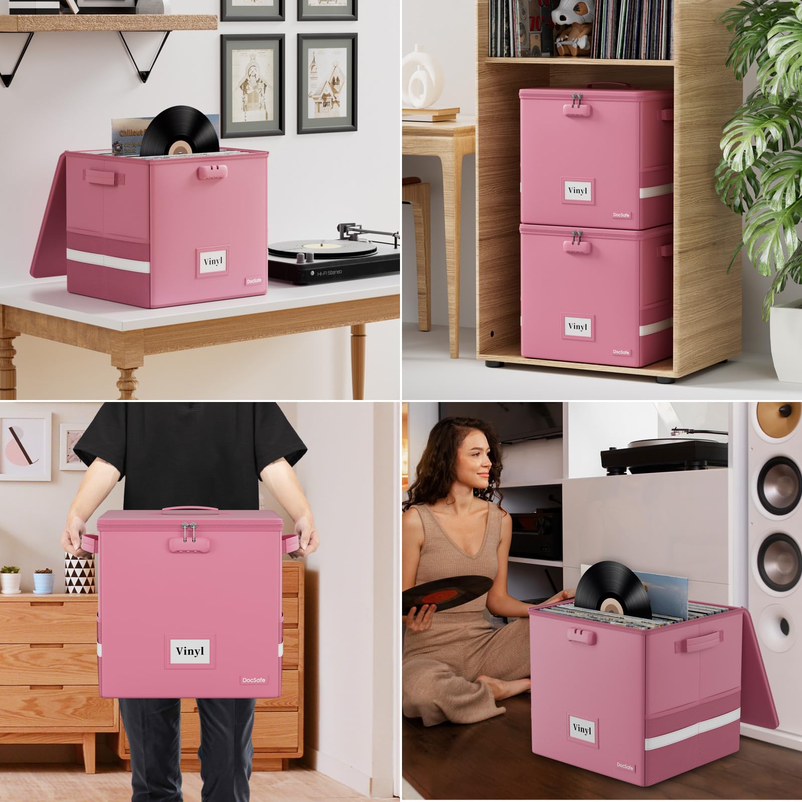 DocSafe Caja de almacenamiento de discos de vinilo con cerradura, organizador de discos ignífugo y resistente al agua para más de 100 discos individuales (12 pulgadas), caja de almacenamiento plegable
