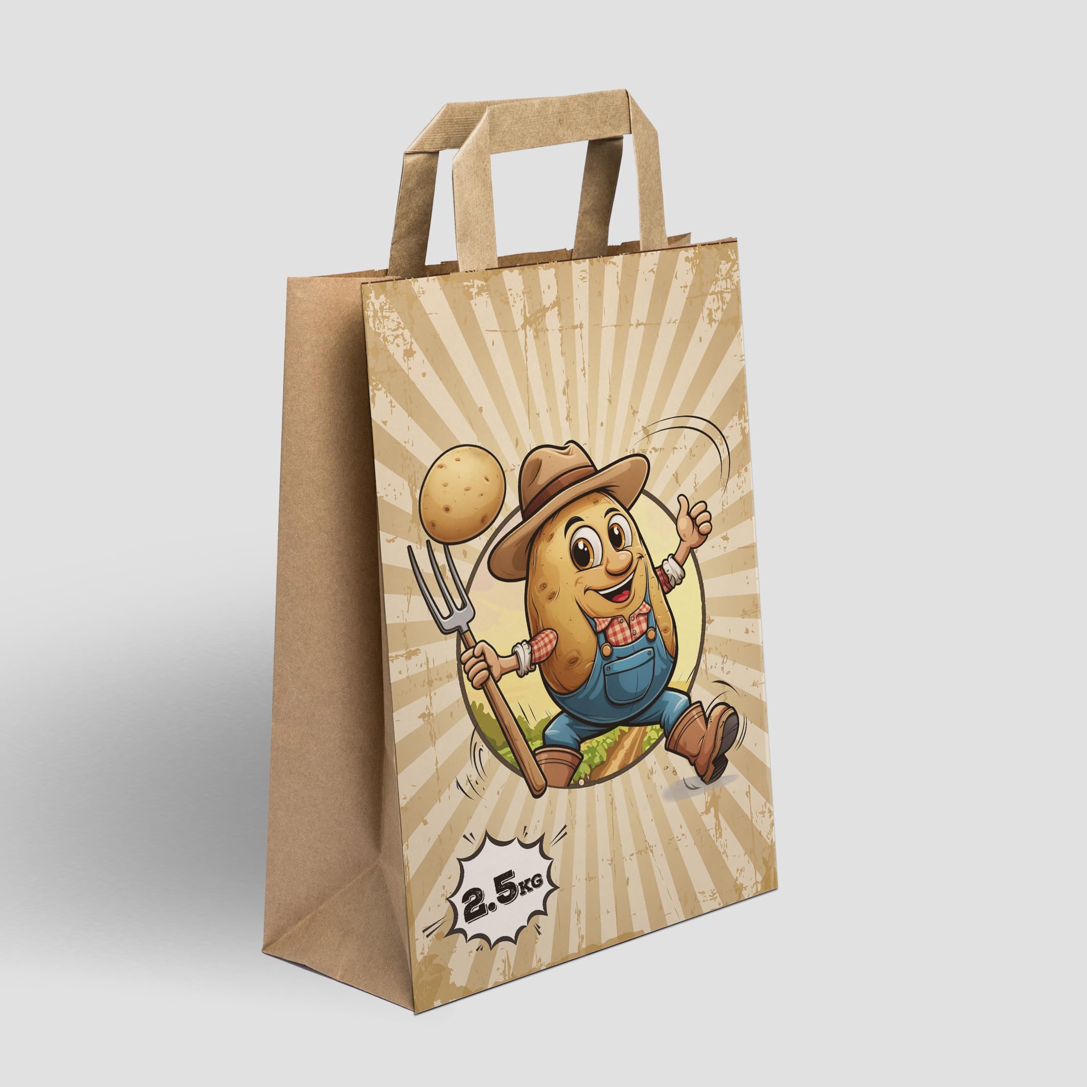 750 Papiertragetaschen Kartoffeln 2,5kg Papiertaschen Fröhliche Knolle Papiertüten Flachhenkel 22 + 10 x 31 cm