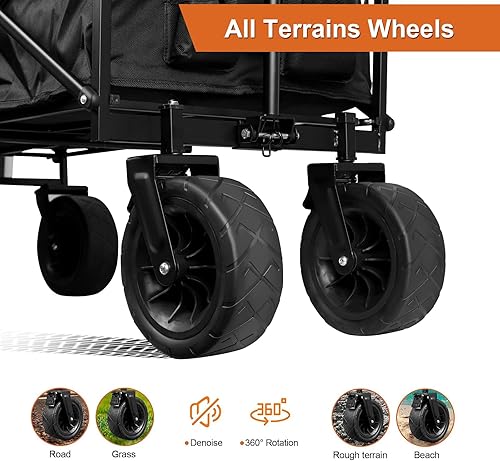 Miniatura 5 de HYZSWGC Carro de jardín plegable para exteriores con ruedas todoterreno de 8 pulgadas, mango ajustable y portavasos para campamento, picnic, negro,