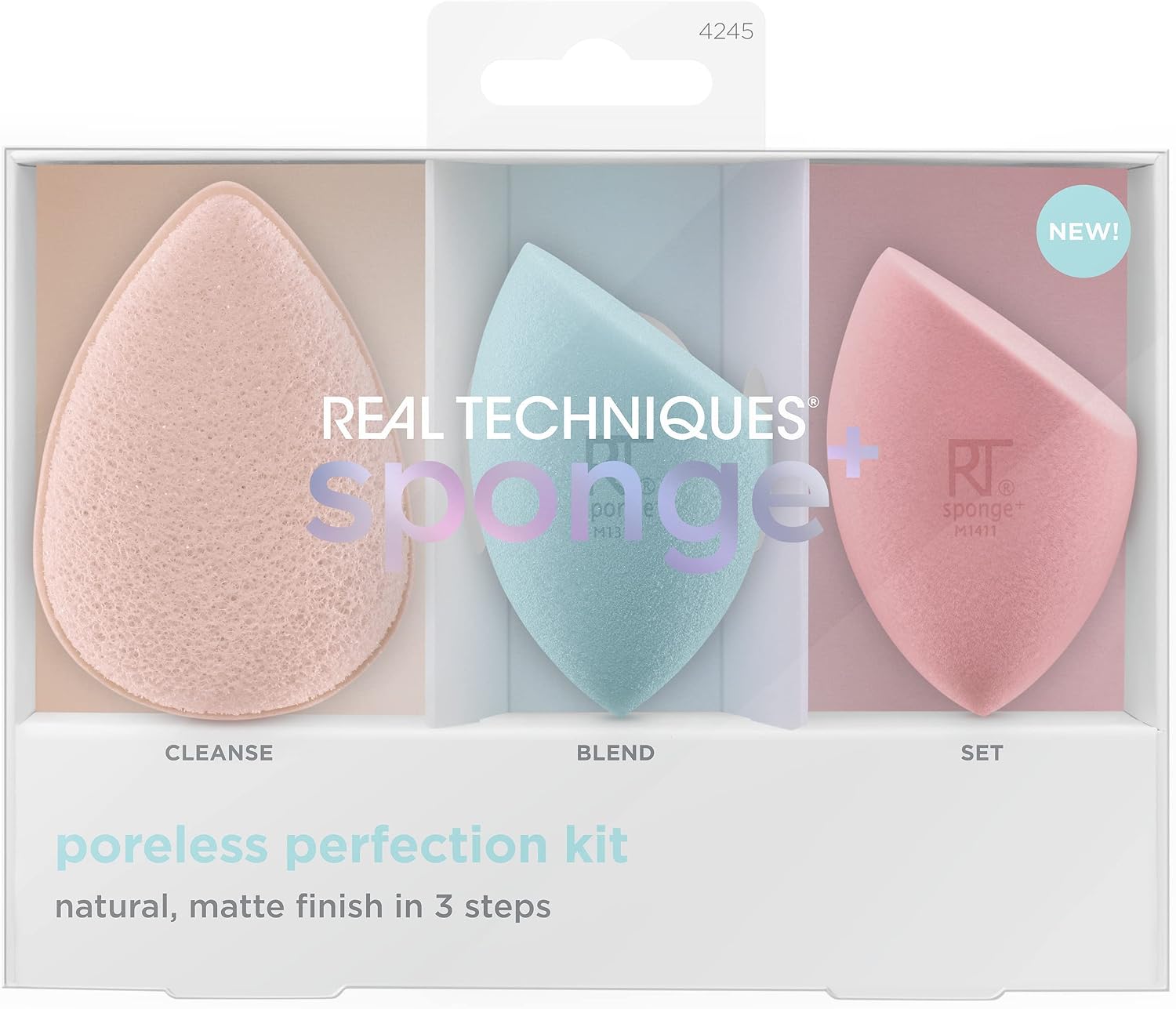 REAL TECHNIQUES Sponge+ Beauty Makeup Blenders for Facial Cleanser Foundation and Setting Powder, Probiotic infused (3 Piece Kit) - Image 3