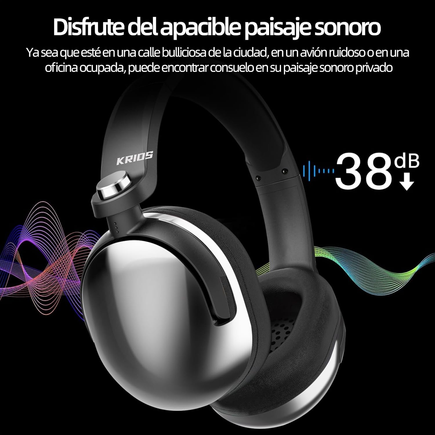 KRIOS headphones worn by a person, with a graphic indicating a -38dB noise reduction effect.
