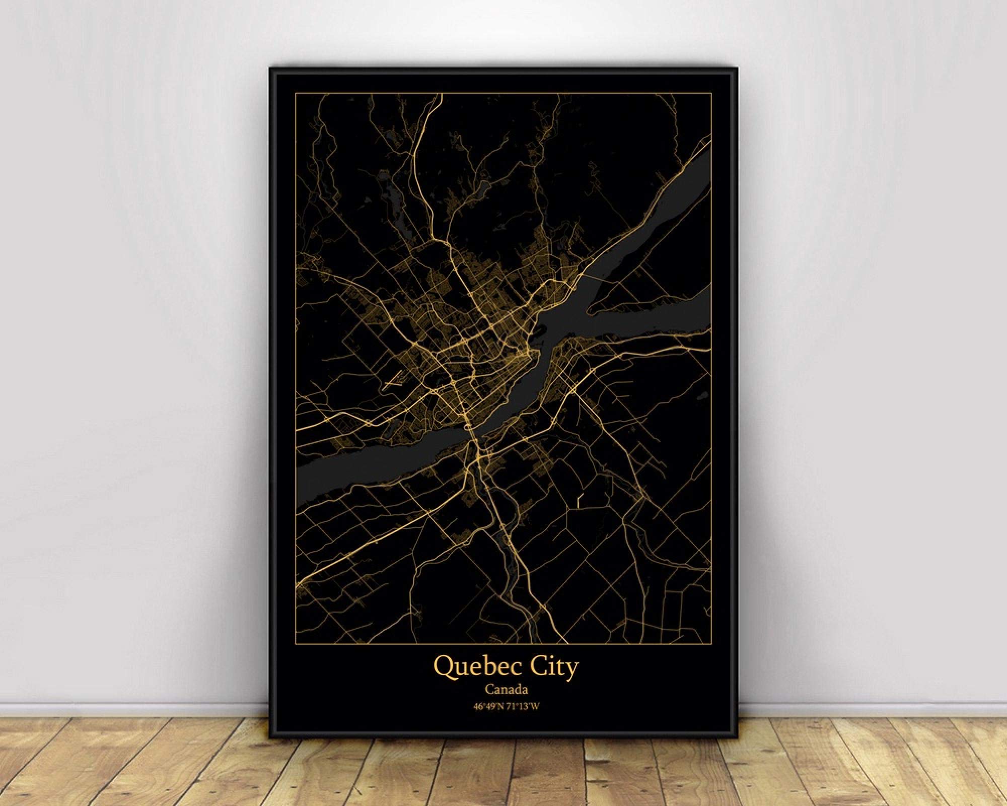Toile Ville de Québec Noir et Or 30x45cm : Cadeau Idéal pour Passionnés de Voyage