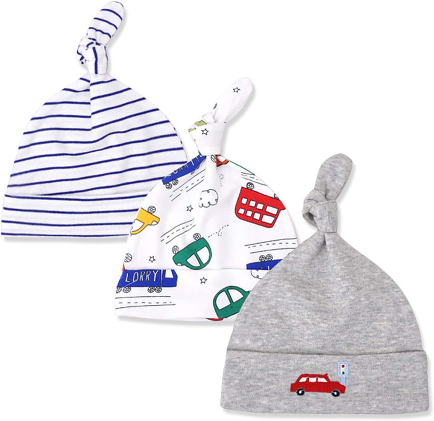 Luzlen Newborn Baby Hat Boys Girls Knot Infant Beanie Hospital Cotton Adjustable Caps for 0-6M 3 Packs