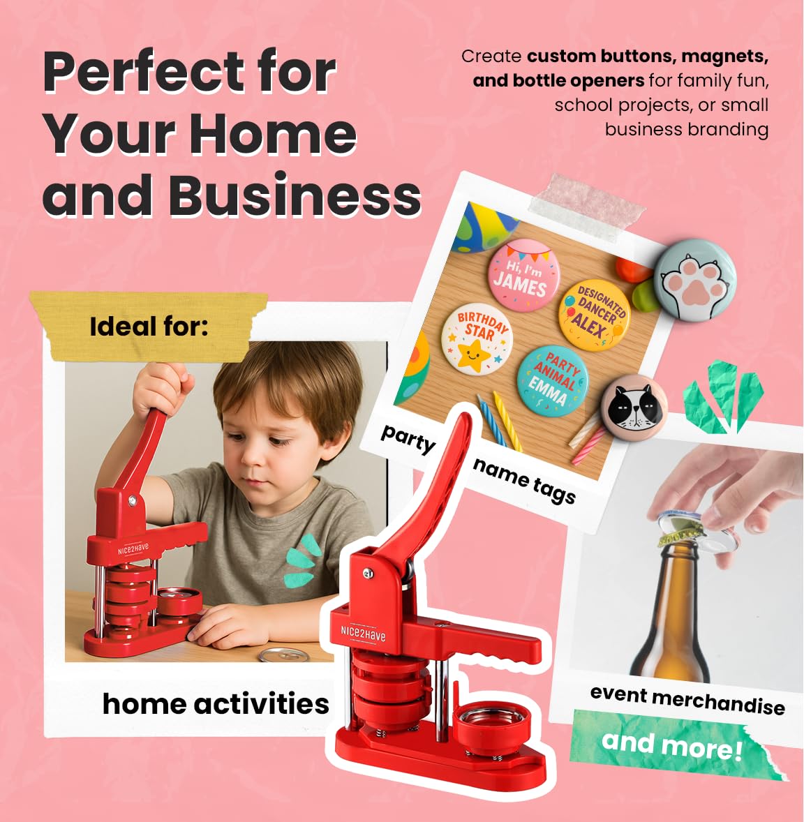 Nice2Have Máquina para hacer insignias de 58 mm (2.25 pulgadas) – (100 insignias, 5 abrebotellas, 5 imanes de nevera, más de 500 diseños, cortador circular y libro mágico) – Kit de fabricación de