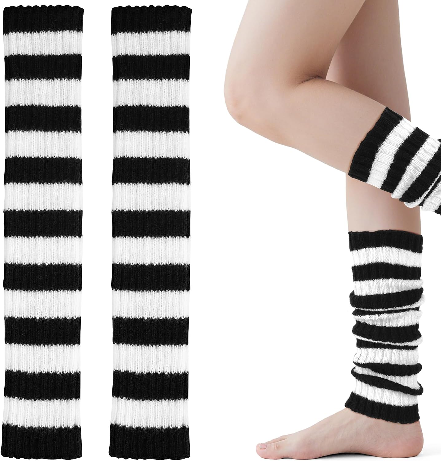Striped Knit Leg Warmers for Women, Black & White Y2K Ribbed Leg Warmers for Dance, Fashion, Skating & Party Looks (1Pair)