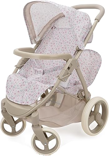 509 Crew Little Flora - Mabelle Duo - Cochecito de muñeca gemelo - flor bronceado-rosa, cesta de almacenamiento, toldo retráctil, plegable, juguete