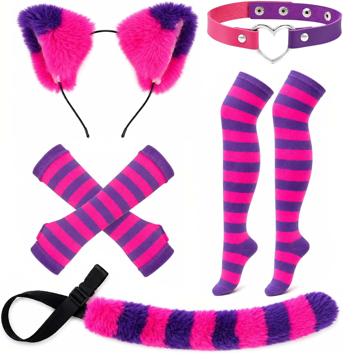 Pink Purple Striped Cat Costume With Cat Ears,Furry Tail,Choker,Striped Socks Gloves for Women Halloween Dress up