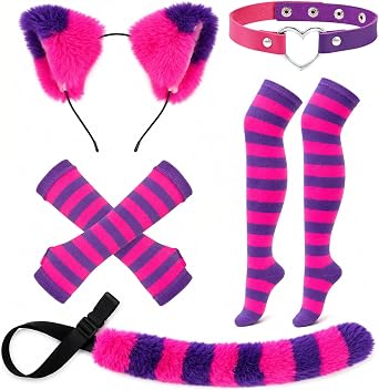 Pink Purple Striped Cat Costume With Cat Ears,Furry Tail,Choker,Striped Socks Gloves for Women Halloween Dress up