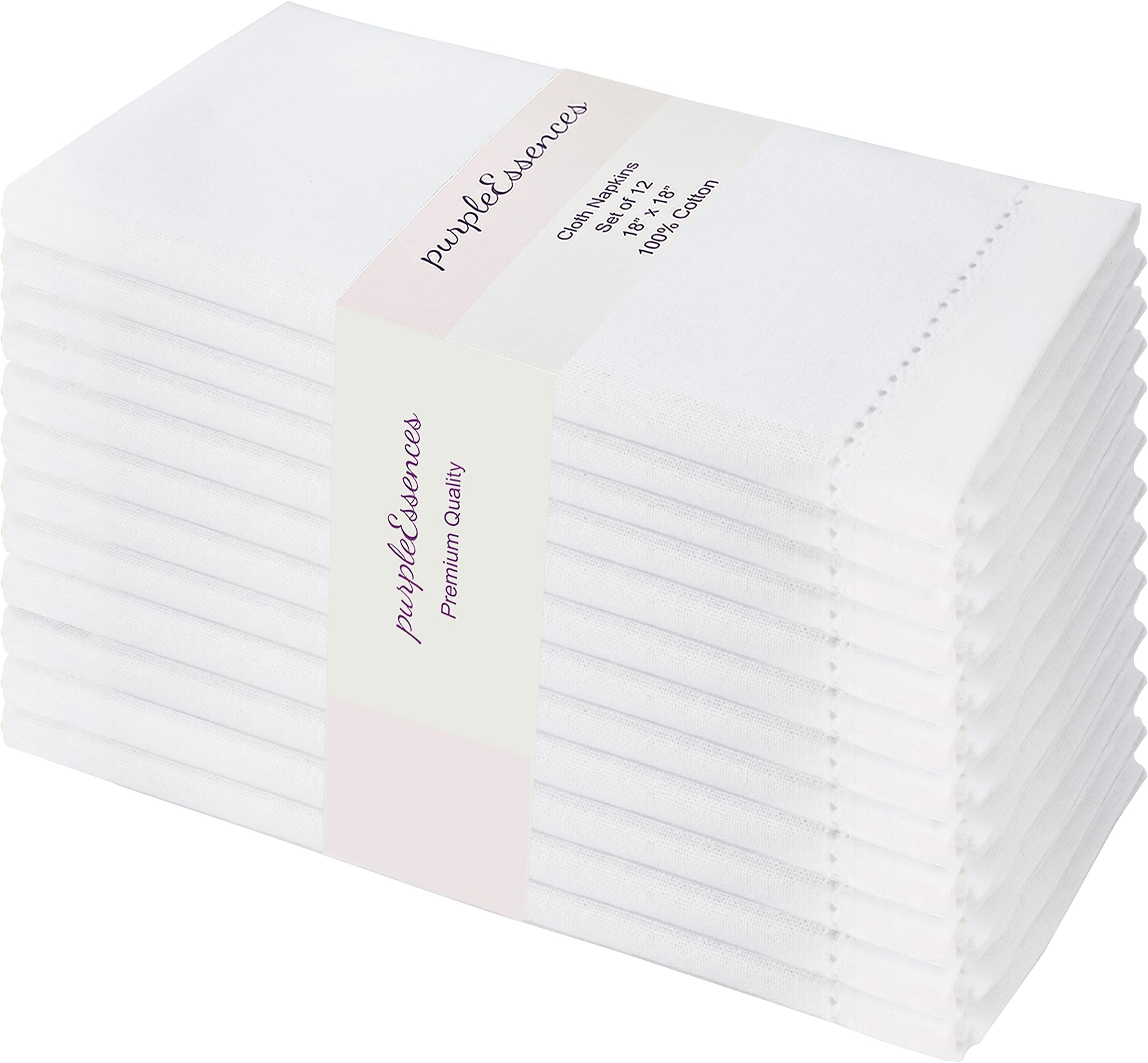 PurpleEssences Set of 12 Hemstitch Cloth Dinner Napkins 100% Cotton - Soft Durable Washable -Ideal for Events Wedding Christmas Easter-Perfect Everyday Use Table Linen Cloth Napkins 18x18 - White