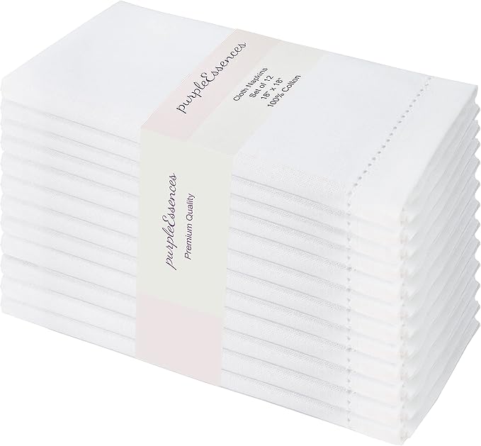 PurpleEssences Set of 12 Hemstitch Cloth Dinner Napkins 100% Cotton - Soft Durable Washable - Ideal for Wedding Spring Summer Easter - Perfect Everyday Use Table Linen 18x18 - White
