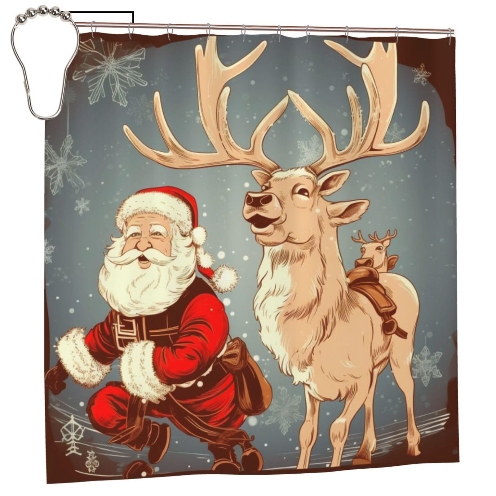 BWWHCCTI Santa Claus and Deer Elk Printed Shower Curtain With 12 Iron Hooks Opaque Quick Drying Waterproof Shower Curtains Sets For Bathroom 183x183 CM