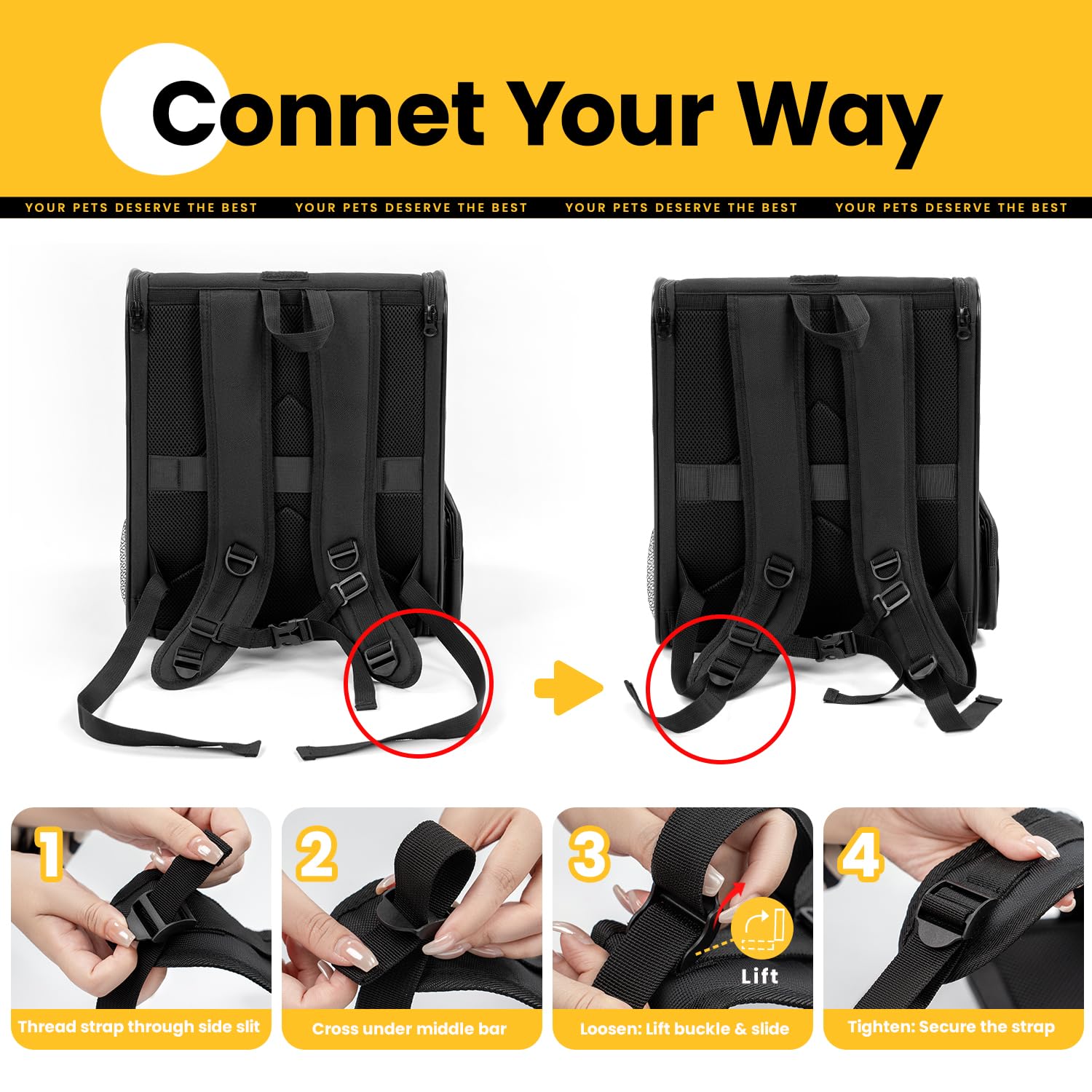 Conlun Sac à Dos Transport Chat et Sac à Dos Chien pour Petits Chiens et Chats jusqu'à 7kg, Sac à Dos pour Chien Pliable avec Fenêtres en Maille sur 3 côtés pour Voyages et randonnées,Noir