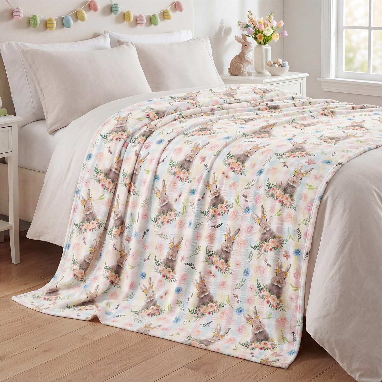 Horaldaily Easter Flannel Blanket Throw, Easter Eggs Plaid Bunny Rabbit Flowers Leaves Soft Fuzzy Plush Cozy Fleece Blankets for Couch Sofa Bed Lounging, Ideal Gifts for Kids Adults Self, 60x80