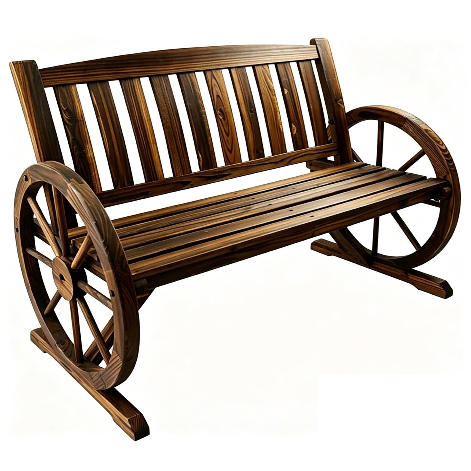 2 Seater Wooden Garden Bench Wagon Wheel Style Loveseat Fir Wood Patio Seat