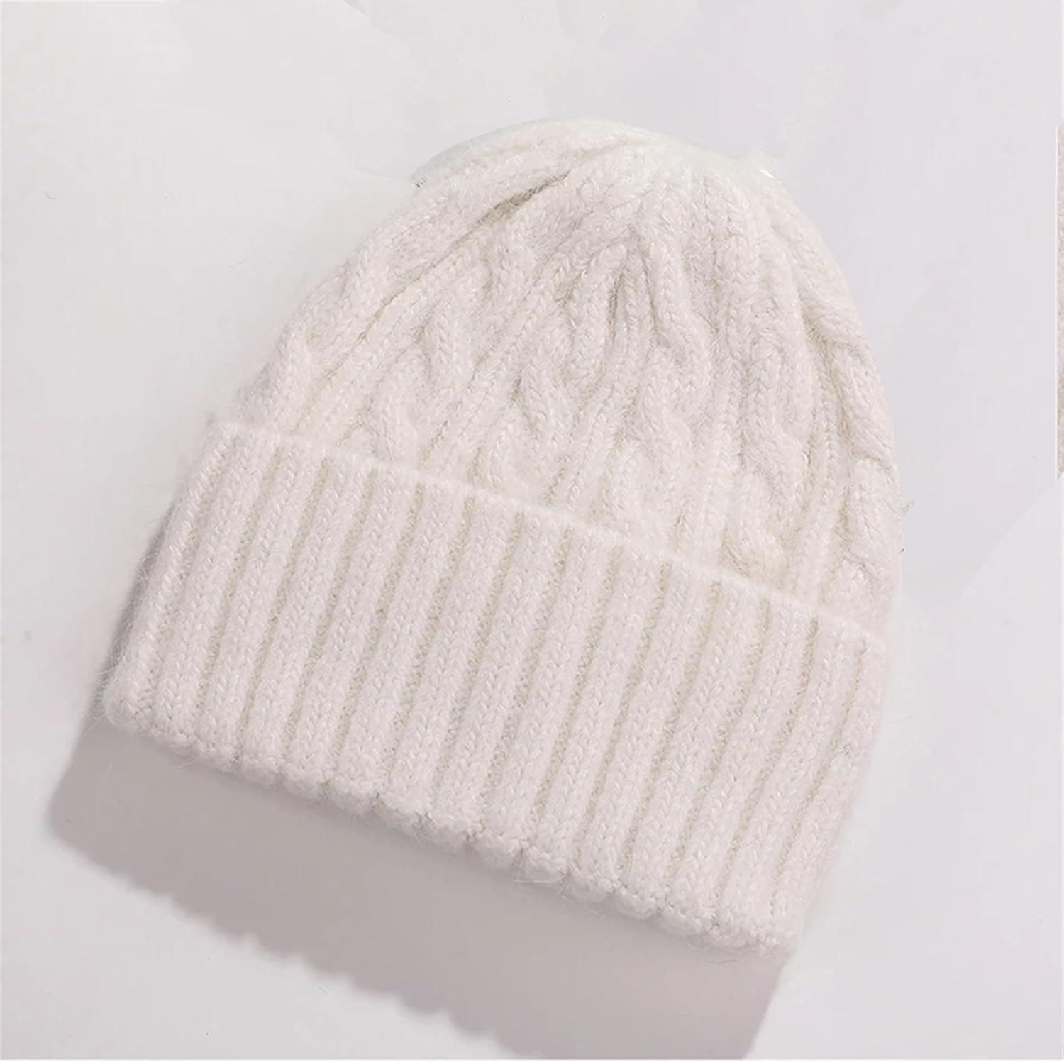 Women's Fall Winter Thicken Warm Braided Knit Beanie Hat Girl's Classic Solid Color Roll-Up Brim Skullies Soft Snow Ski Caps