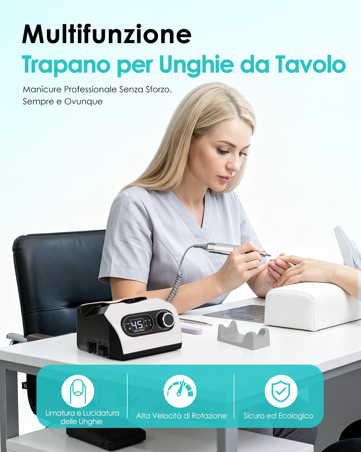CozyZen Lima per Unghie Elettrica, Trapano Professionale a Filo con 35.000 RPM, Pedale, 6 Frese, Display LED e Controllo Velocità per Casa e Salon（Bianco）