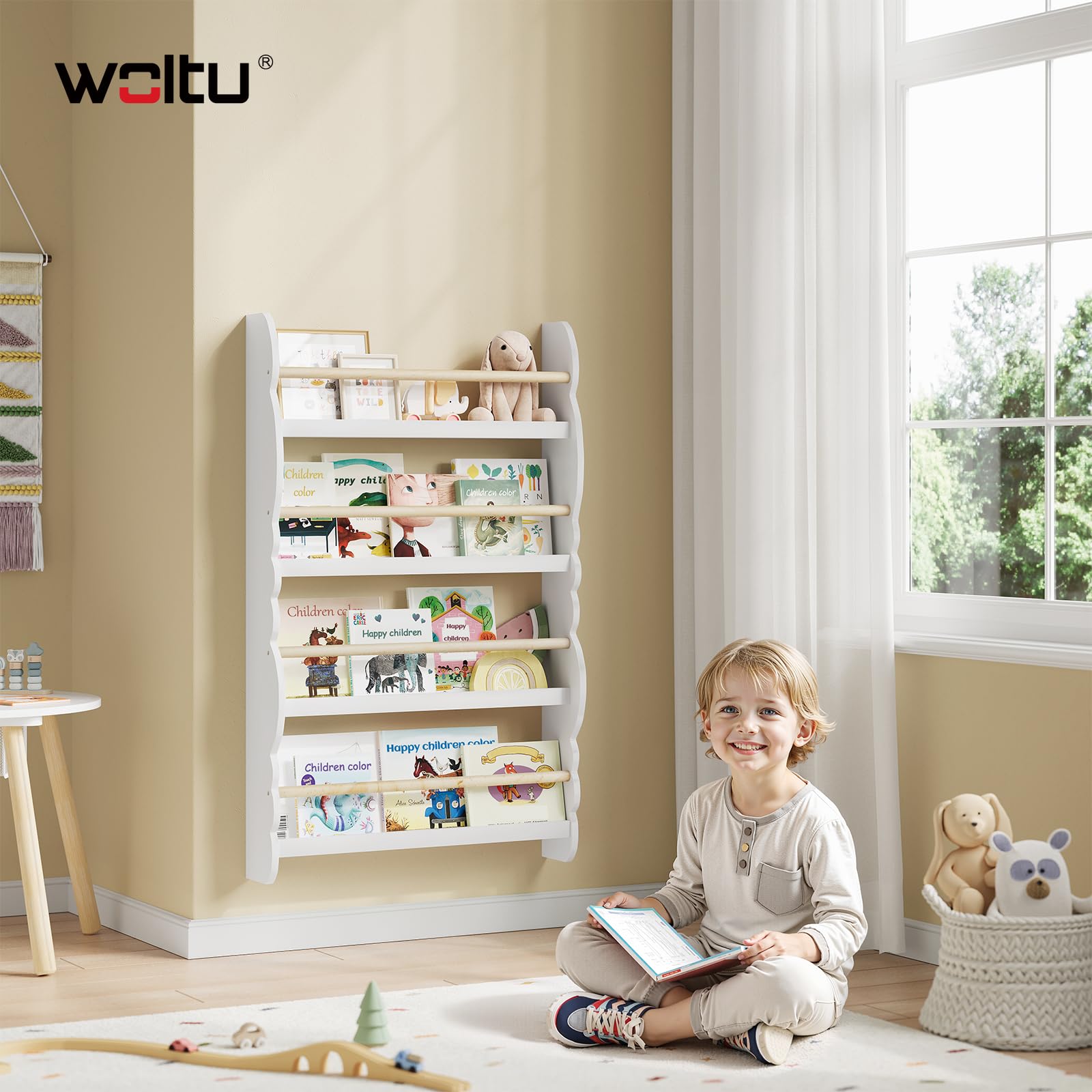 WOLTU Bibliothèque Murale, Étagère de Rangement pour Chambre d'enfants pour Ranger des Livres, 60x14,5x98 cm,Jouets en Bois MDF à 4 Niveaux, Blanc