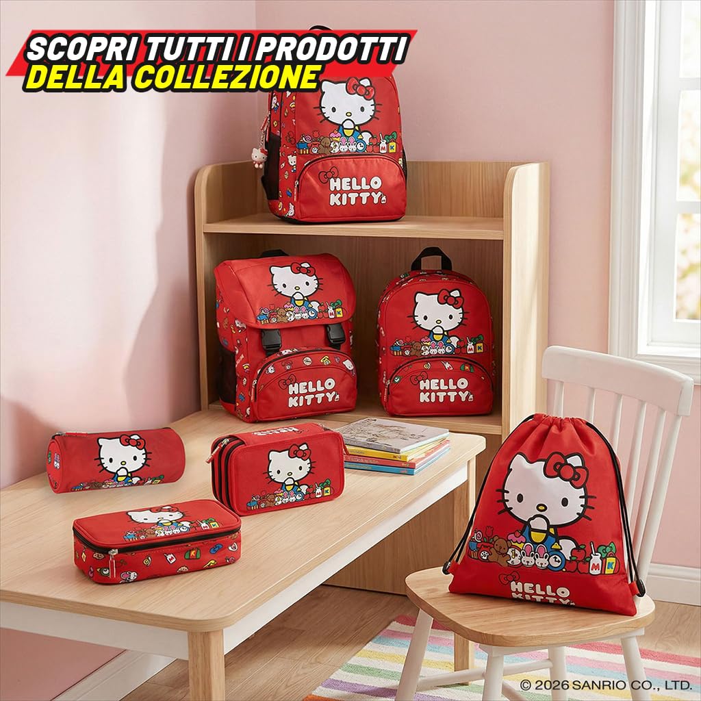 HELLO KITTY - Zaino Scuola Ufficiale Hello Kitty, 2 Ampi Spazi Centrali, Tasche Frontali e Laterali, Charm Staccabile, Spallacci Regolabili e Imbottiti, Schienale Termoformati, 32 x 43H x 23 cm, 31 L