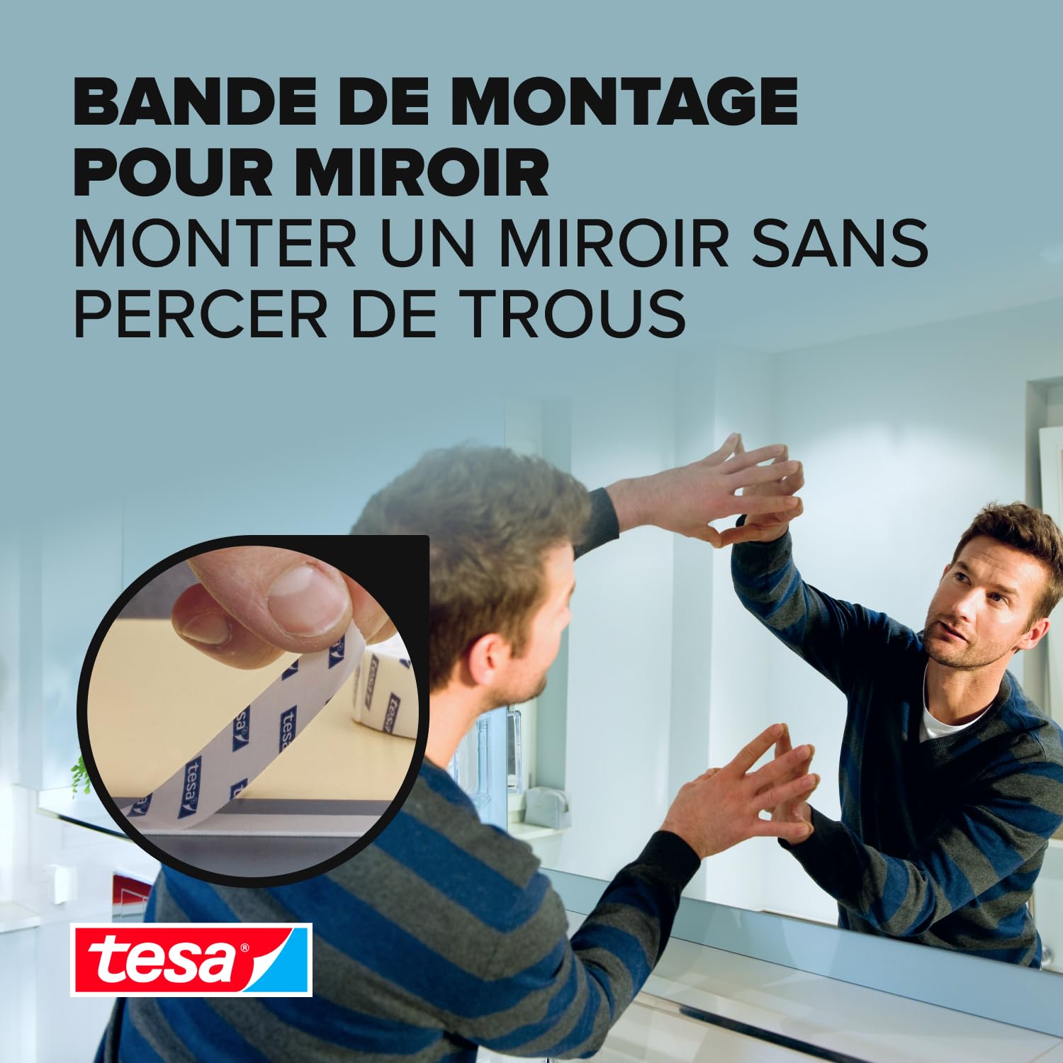 tesa Ruban Adhésif Double-Face de Montage Spécial Miroirs 1,5 m x 1,9 cm Résistant Pièces Humides