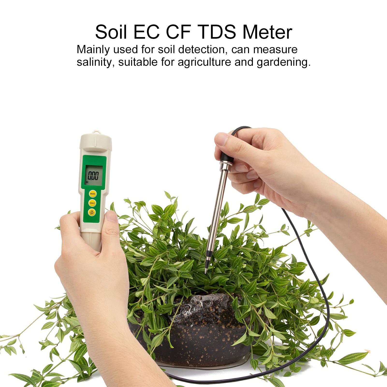 LiebeWH Medidor de Suelo Portátil 3 en 1 EC CF TDS con Sonda de Acero Inoxidable Pantalla de Visualización para Medición de Salinidad en Agricultura y Jardinería