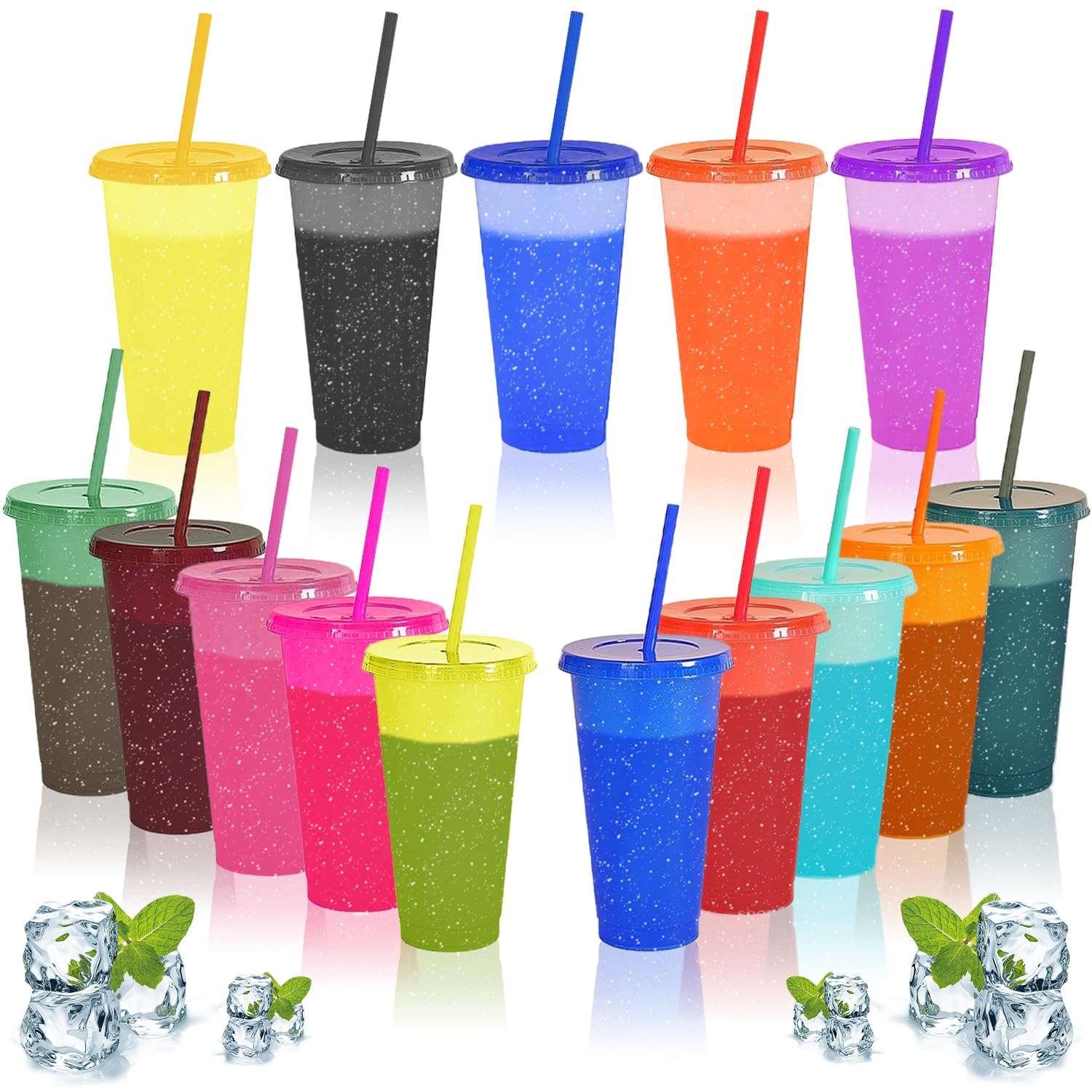 15 vasos para bebidas frías que cambian de color con tapas y popotes (Polvo brillante) Vaso de fiesta de 710 ml apto para cócteles, jugos de fruta y refrescos de cola