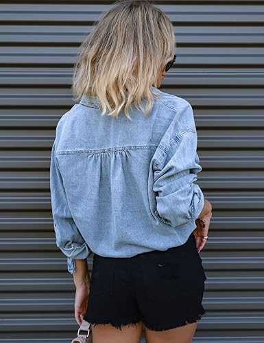 Miniatura 4 de Kwoki Camisa de Mezclilla Recortada para Mujer con Mangas Enrollables 34 Estilo Casual Holgada Crop Top con Cordón en el Dobladillo Botones
