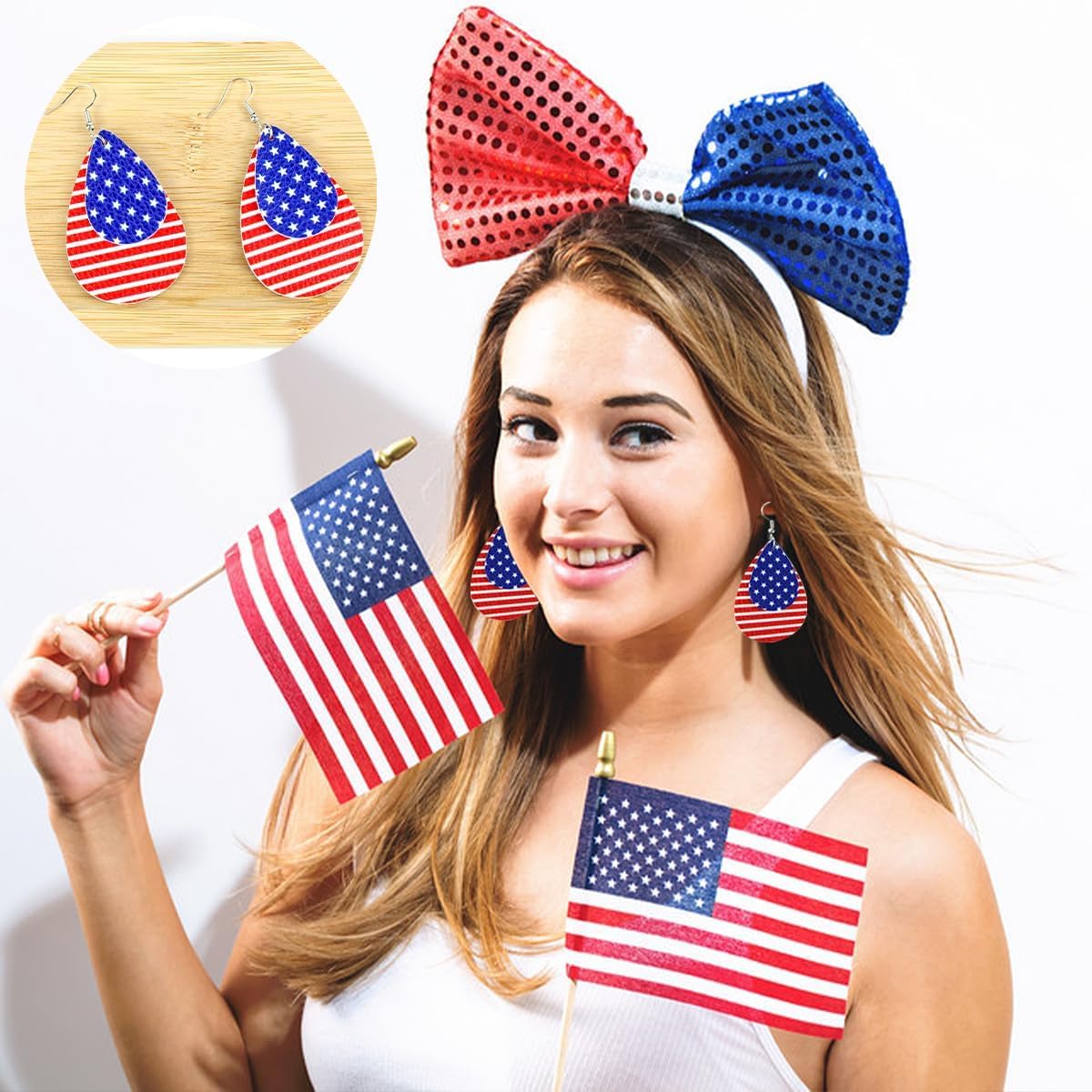 3 Pairs American Flag Earrings Patriotic Dangle Earrings Star Heart Drop Earrings for Women 4th of July Independence Day Gift Accessories - Image 2