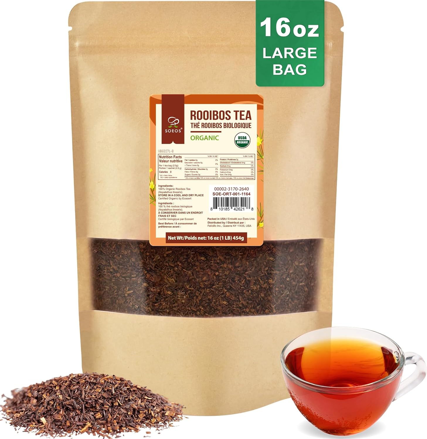 Soeos Organic Red Rooibos Loose Leaf Tea, 16oz (1LB), Caffeine-Free Herbal Tea, USDA & Non-GMO Certified, Gluten Free & Keto Friendly, Rich Aroma Smooth Flavor.
