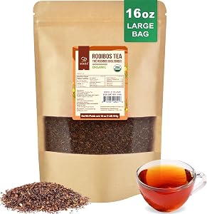 Soeos Organic Red Rooibos Loose Leaf Tea, 16oz (1LB), Caffeine-Free Herbal Tea, USDA & Non-GMO Certified, Gluten Free & Keto Friendly, Rich Aroma Smooth Flavor.