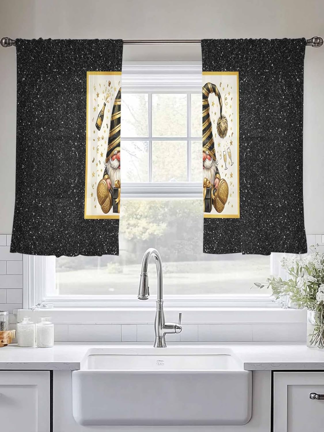 Birthday Graduation Gnomes Sheer Curtains 45 Inch Length 2 Panels Set for Living Room/Bedroom, Black Gold New Year Gift Semi Curtain Sheers Drapes Rod Pocket Curtains Window Treatment Set 52x45x2