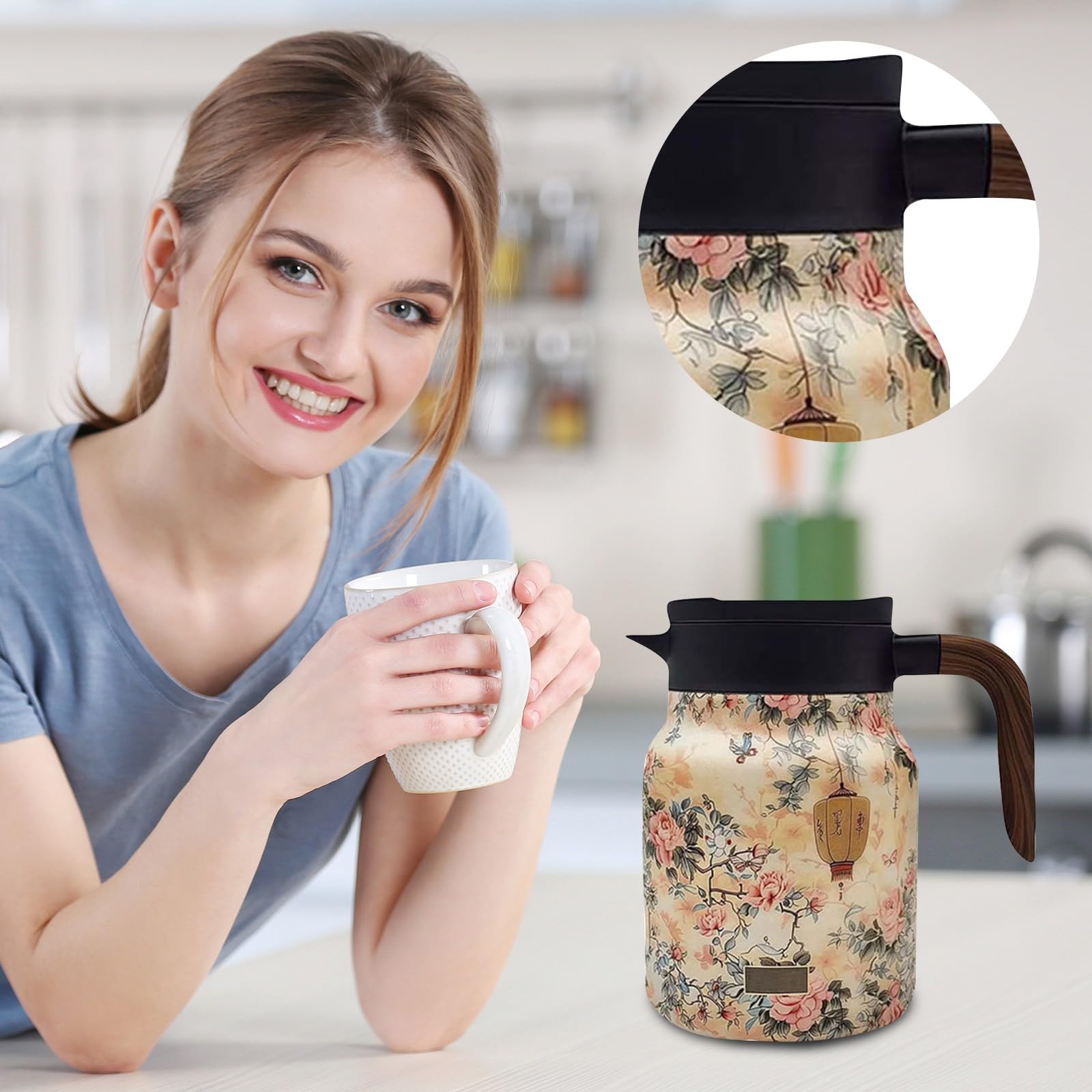 Roestvrij stalen theepot met infuser,27oz Vintage Bloemenpatroon