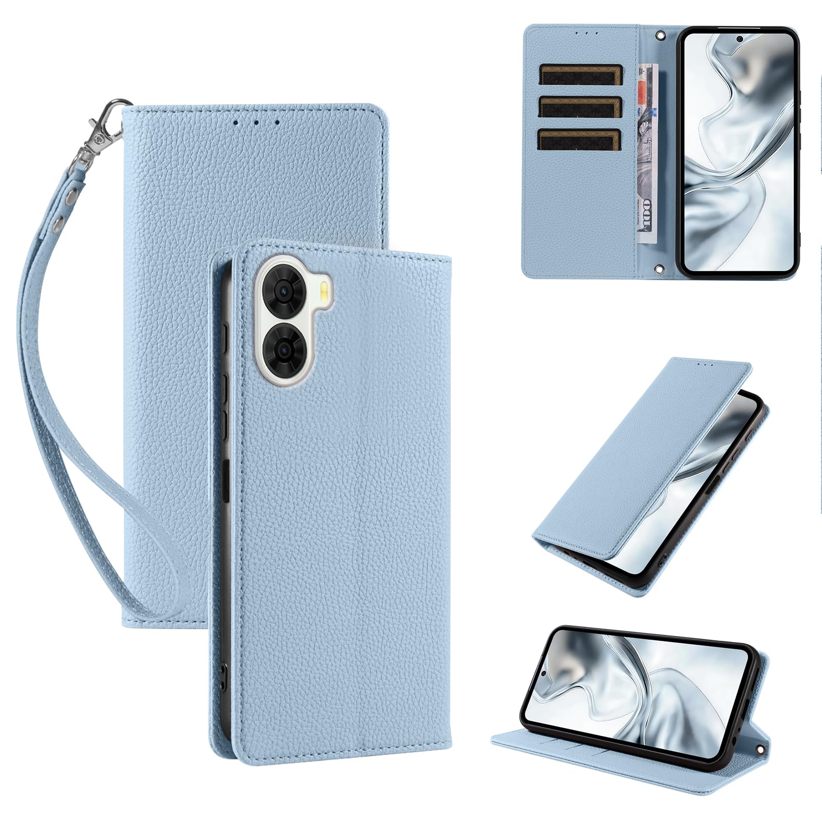 対応 nubia S2 用の ケース 手帳型 スマホケース ヌビアs2 用 スマホケース 高級PU肌感レザー ライチ柄エンボライン エレガント おしゃれ ケース カバー A504ZT 用 ケース 携帯ケース 手帳型 カード収納 財布型 耐衝撃 ケース マグネット スタンド機能付き 全面保護 - ライトブルー
