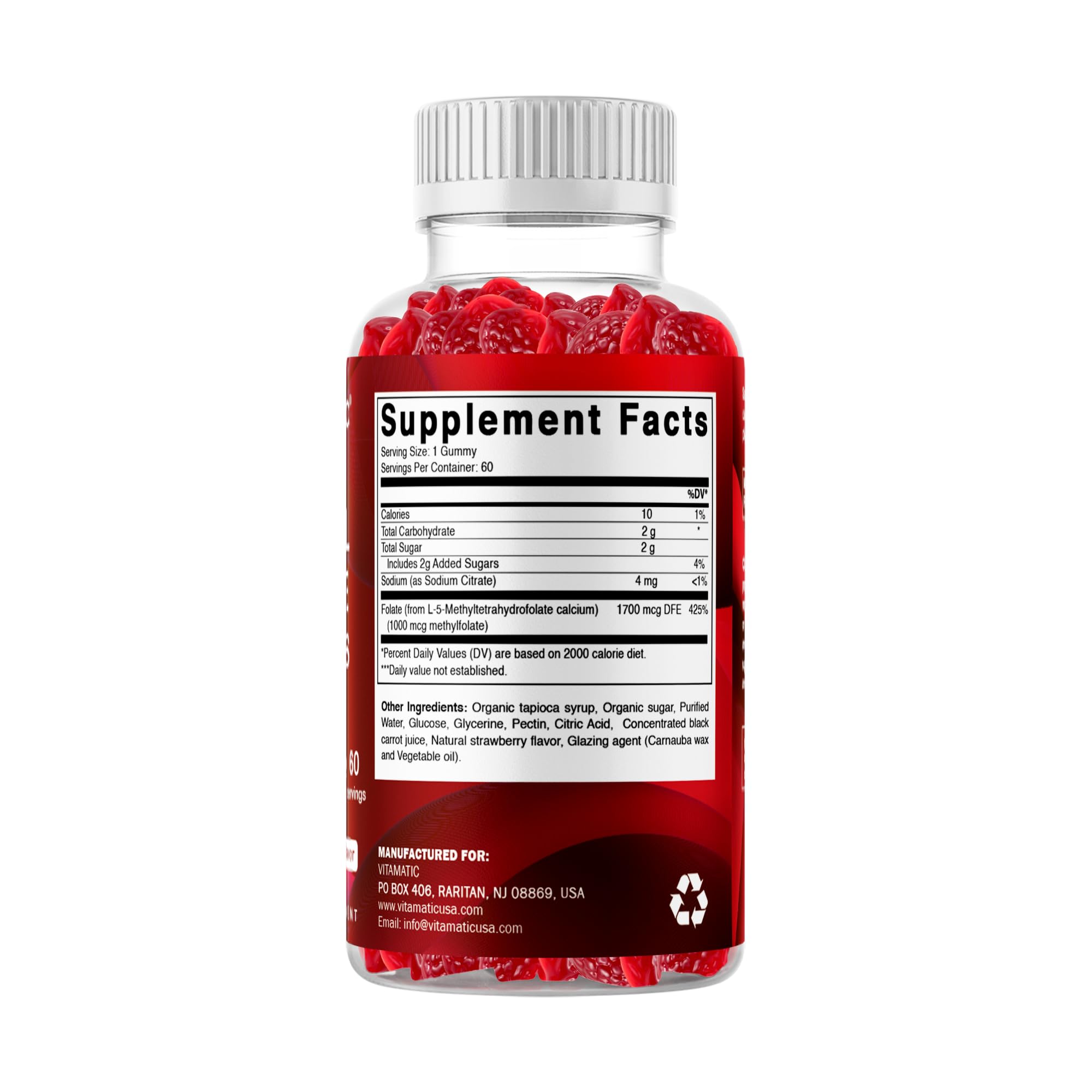 Vitamatic Methylfolate Gummies 1000 mcg – Active 5-MTHF Form – Natural Strawberry Flavor – Vegan, Non-GMO, Gluten Free – 60 Gummies — Amazon image 8