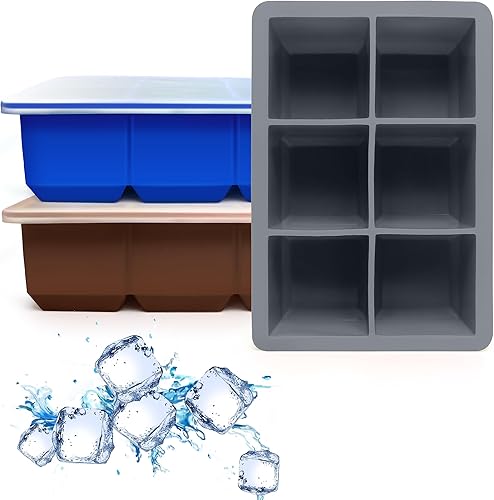 Bandejas de silicona para cubitos de hielo, paquete de 3, moldes de silicona para cubitos de hielo de gran tamaño con tapa extraíble a prueba de Gris