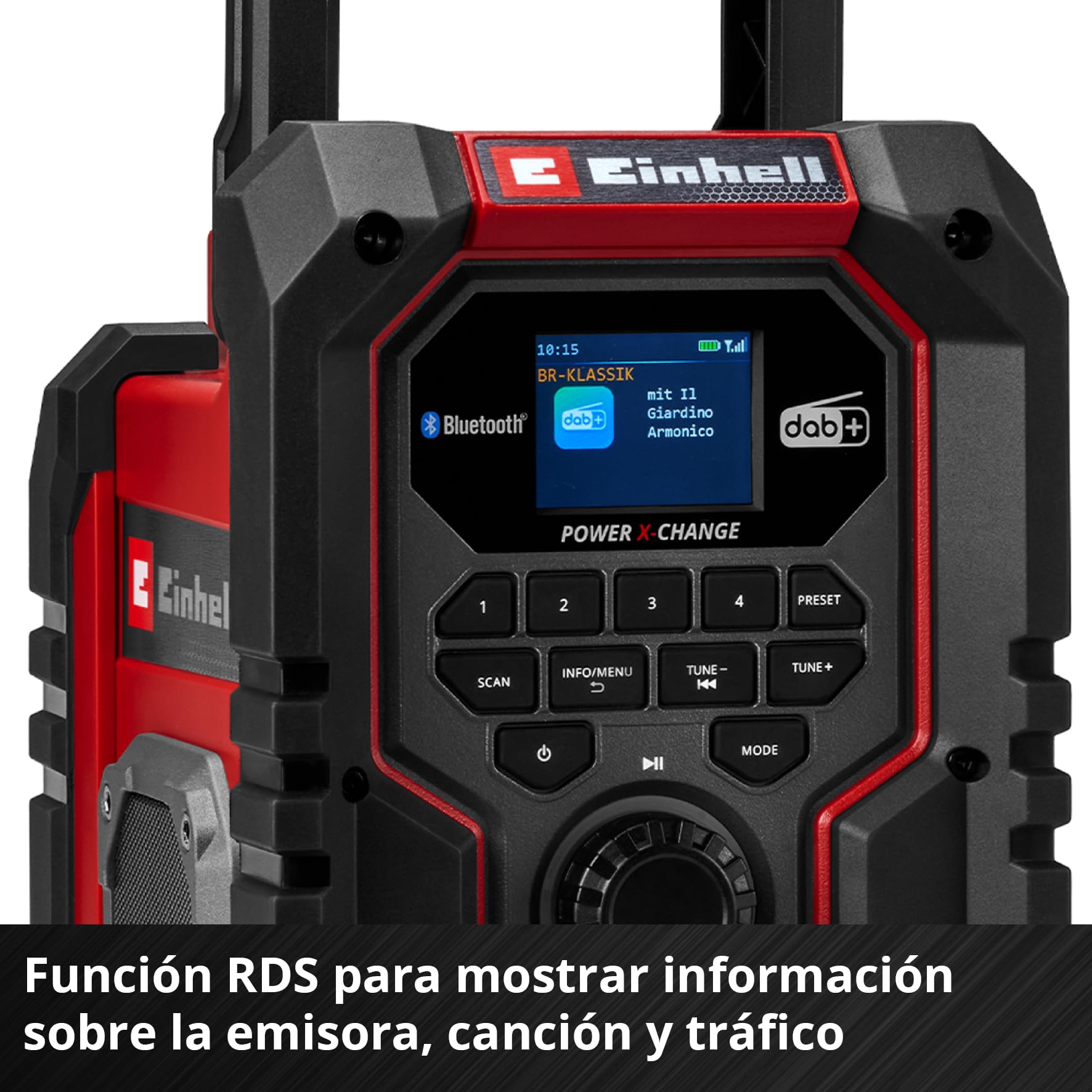 Einhell Radio de obra con batería TE-CR 18 Li DAB+/FM/BT - Solo Power X-Change (18 V, DAB+, FM, Bluetooth, AUX, USB, búsqueda automática de emisoras, pantalla TFT a color, IP65, sin batería)